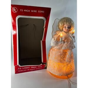 Vintage Lighted Angel Christmas Tree Topper Works Porcelain Face in Original Box